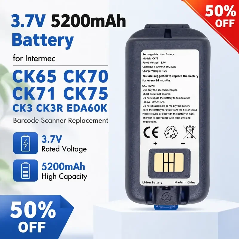 3.7V 5200mAh Battery for Intermec CK65 CK70 CK71 CK75 CK3 CK3R EDA60K Barcode Scanner Replacement