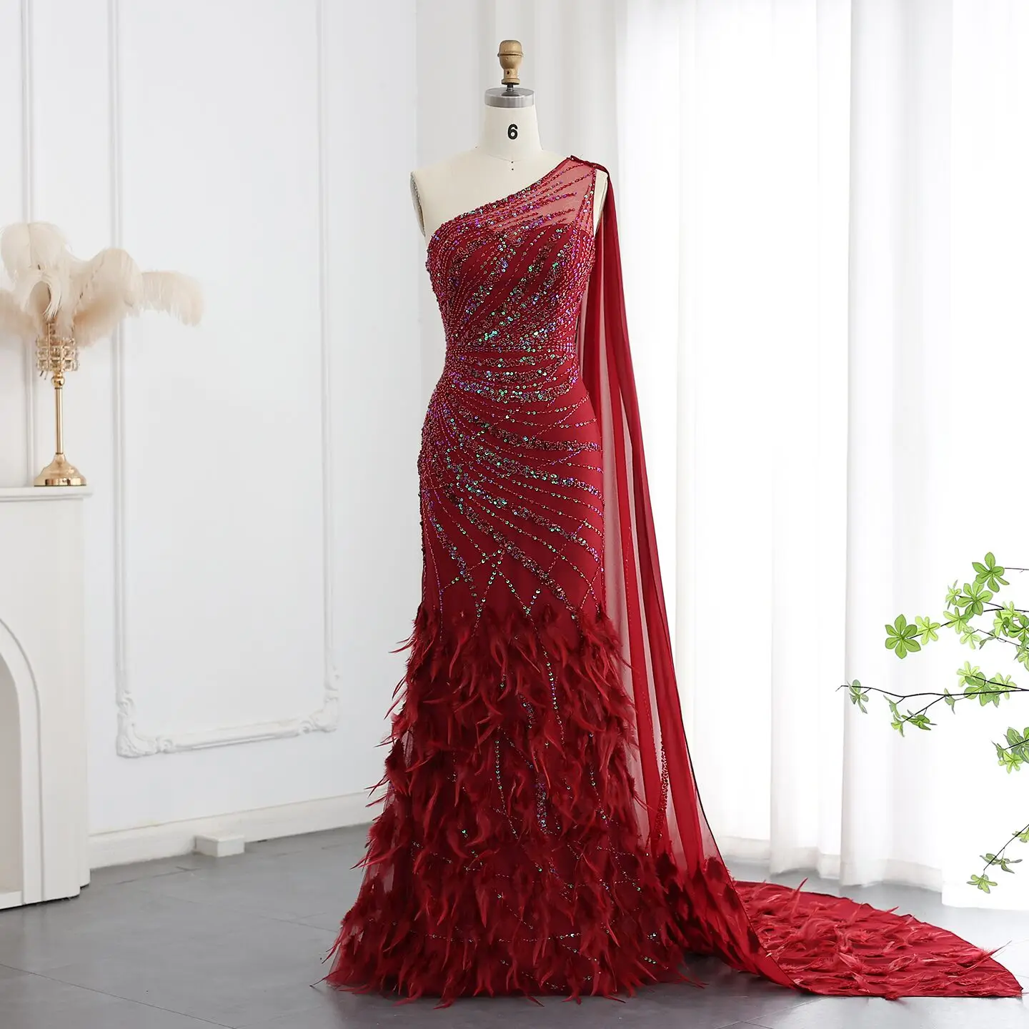 Sharon Said Luxuriöses, federbesetztes, türkisfarbenes, schulterfreies Meerjungfrauen-Abendkleid mit Cape, arabisches Ballkleid, Hochzeitskleid, SS498, maßgeschneidert – Detail 14