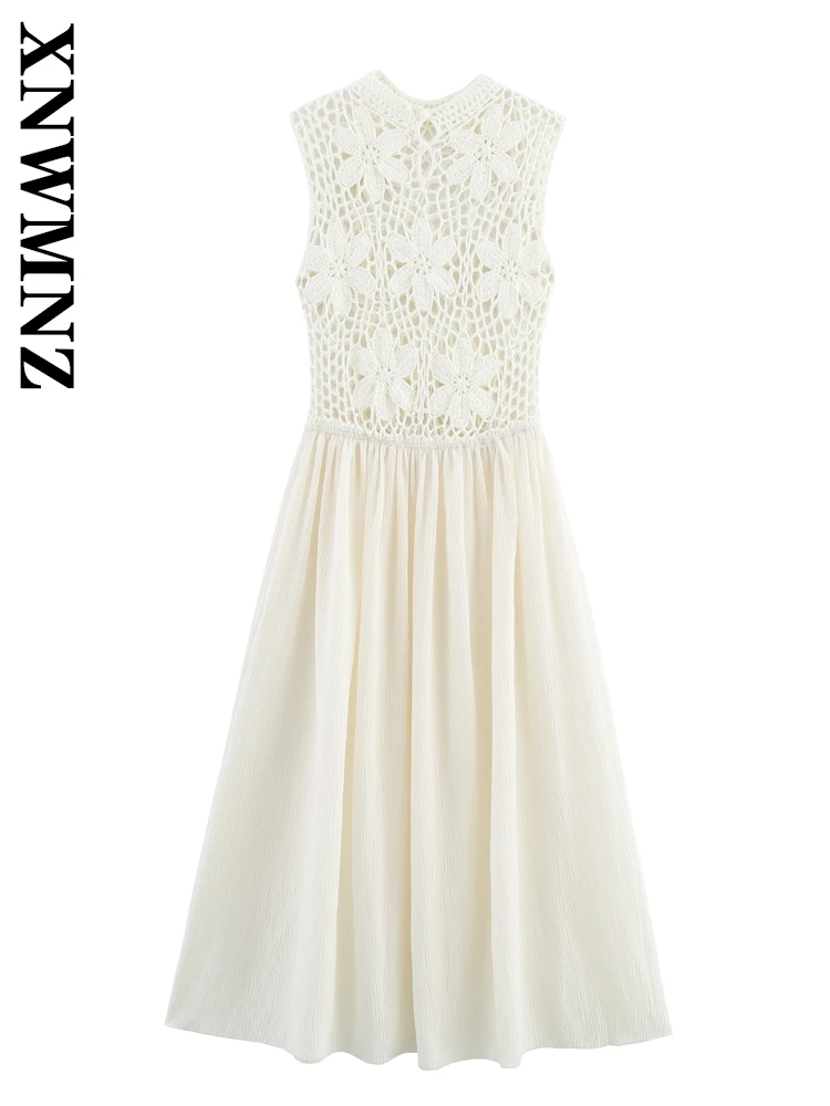 XNWMNZ 2025 ملابس النساء الصيفية موضة بوهو بلا أكمام ياقة ميدي مطوي فستان أنيق عطلة امرأة بيج فساتين بسيطة