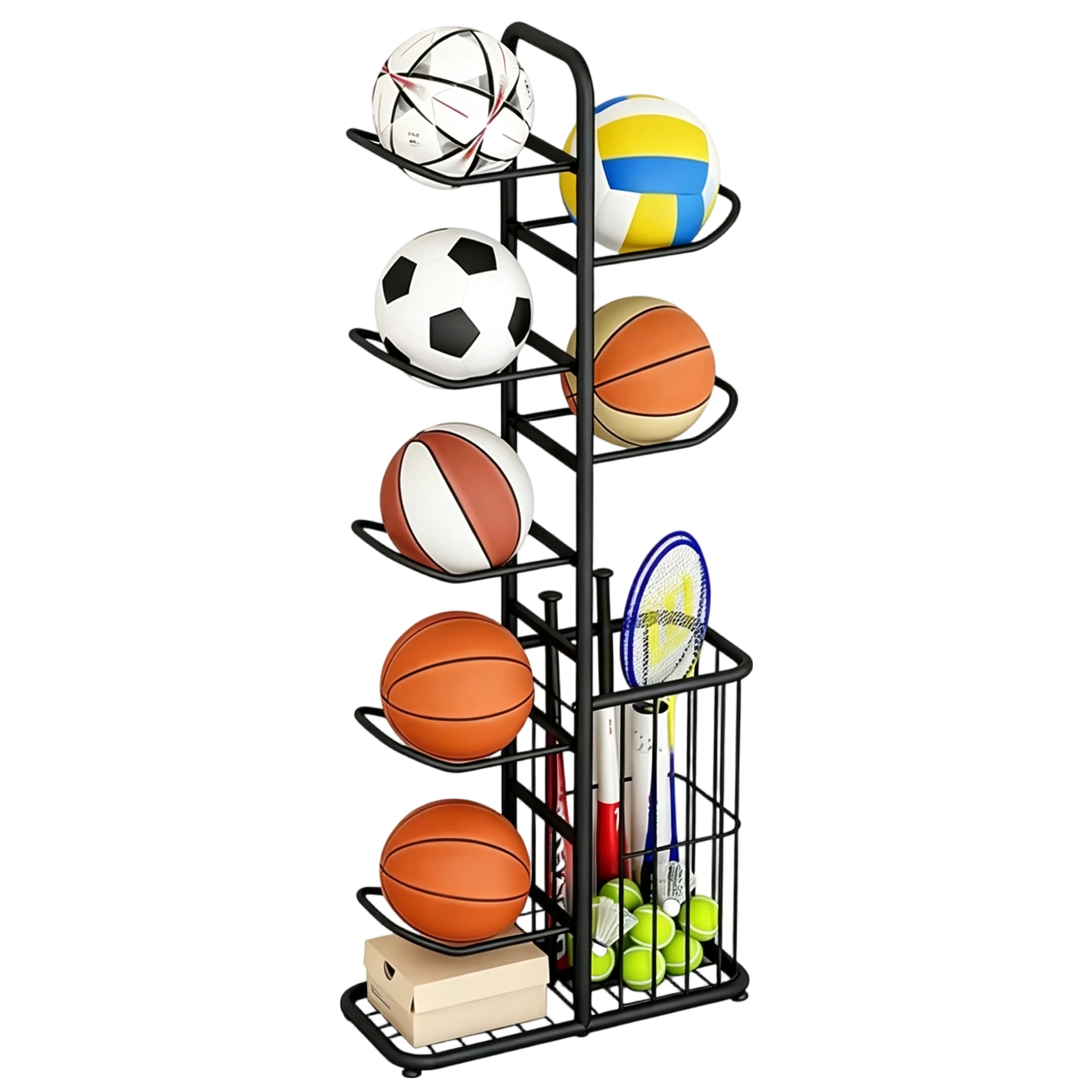 Sportausrüstungsregal, 7-stöckiger, robuster Metallständer für Bälle, gebogener Ballhalter, Eckständer, abnehmbare Halterungen mit Netzkorb, platzsparender Garagenorganizer für Basketball, Fußball,