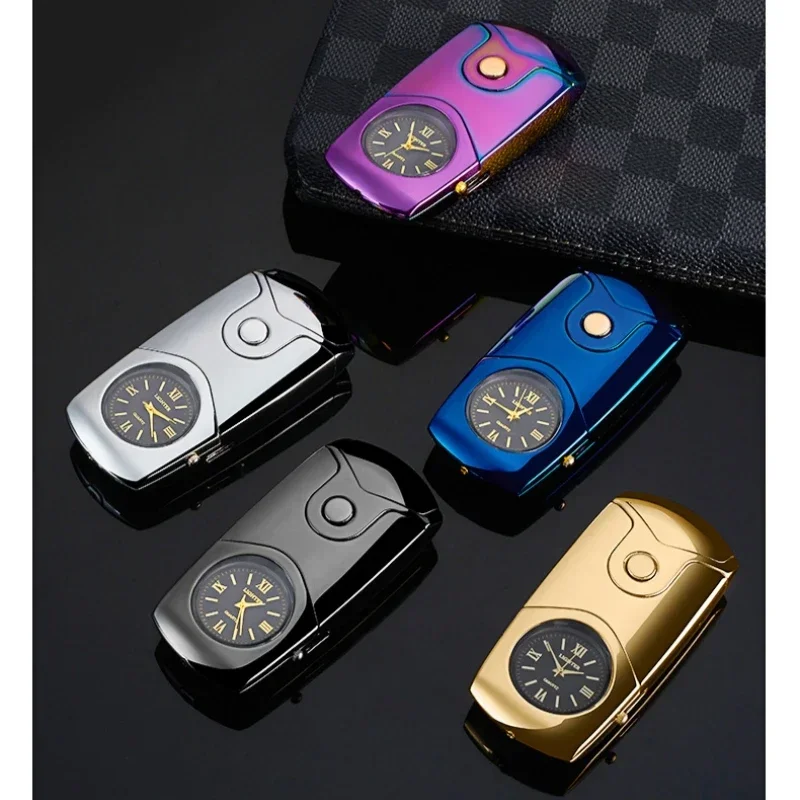 Metal True Watch Windproof Dual Arc Charging Lighter Color Light dial Type-C Fast Charging USB Electric Lighters Smoking Gadgets