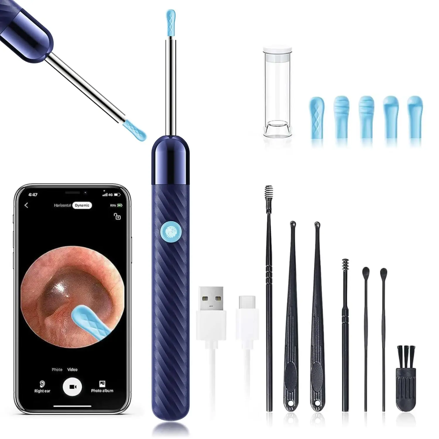 

Ear Wax Removal Kit with 1080P Camera, 8-Piece Set for iOS & Android in Navy Blue