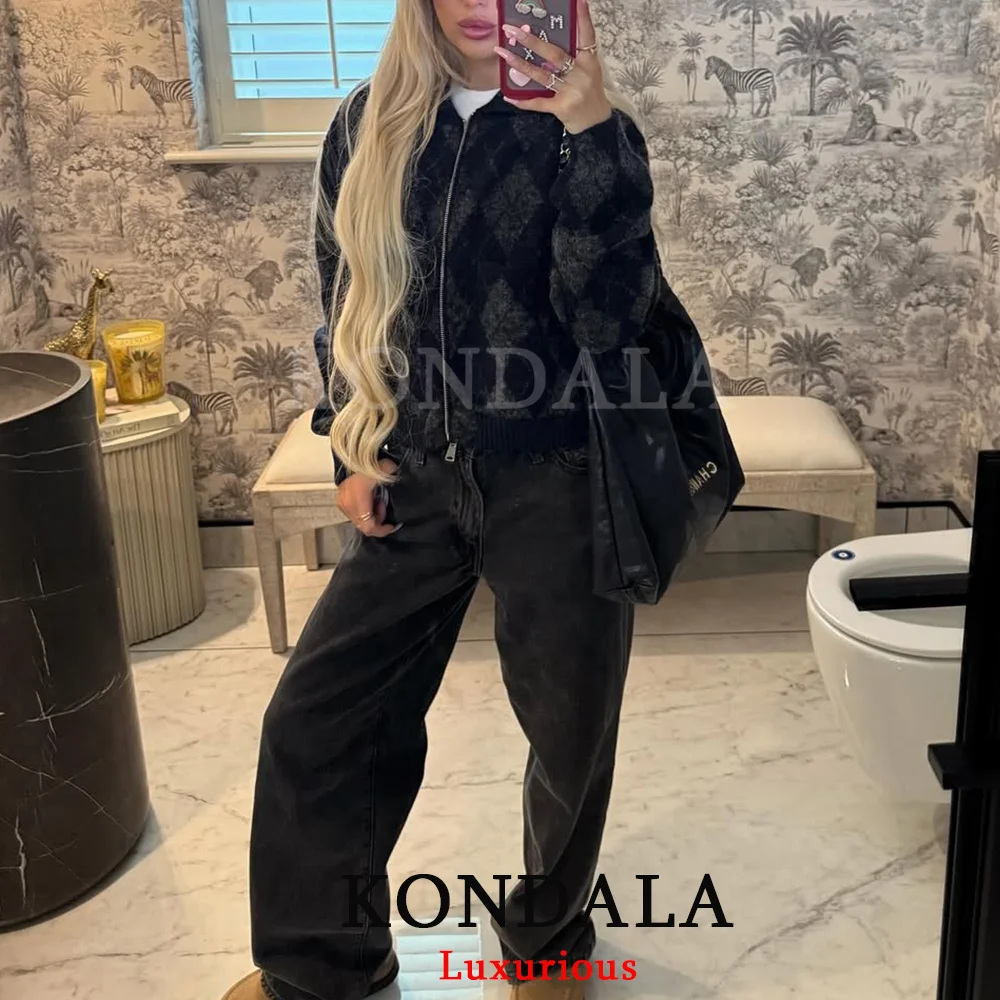 

KONDALA Casual Plaid Knit Women Cardigans Women Long Sleeve Zipper O Neck Jackets Fashion 2025 Autumn Winter Streetwear Outwears