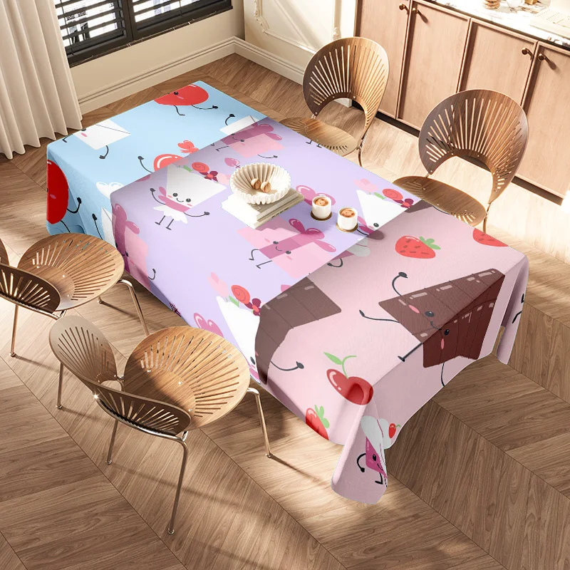 Colorful Cartoon Print Tablecloth for Dining Room Decor 108x72in / Blue/Red/Wooden Design with Cup Holder Washable Home Textile