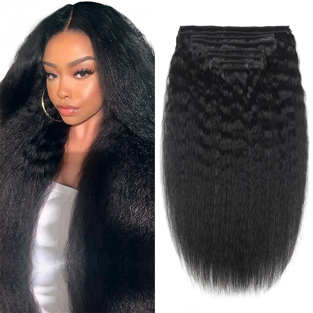 Kinky Straight Clips In Extensions Natural Black Brazilian 100% Unprocessed Human Hair 120G 8Pcs/Set Full Head Seamless 26 Inch