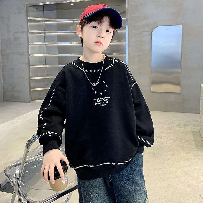 2025 New Boys' Big Kids Fleece-Lined Thickened Red Sweatshirt 8-12 Years Old Winter Kids' Top