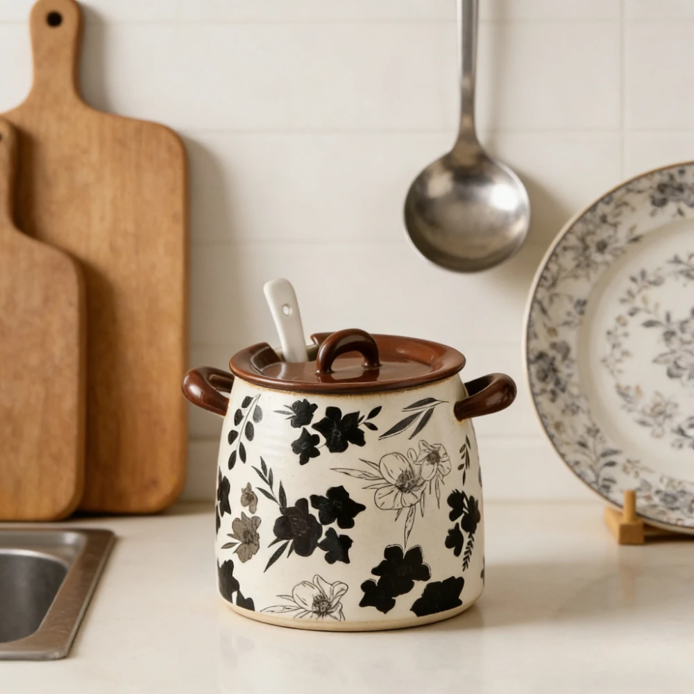 

Керамический кувшин для масла в старинном средневековом стиле с цветочным узором, бытовая емкость большой вместимости для приправ, кухонный контейнер для острого масла и животного жира