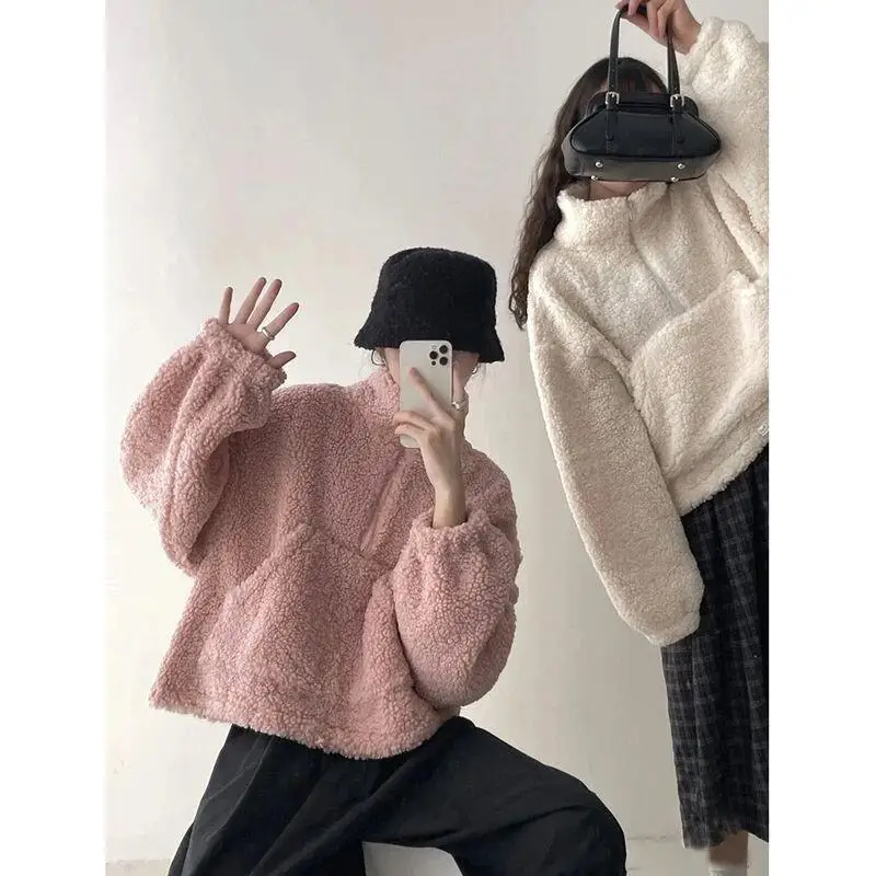 

Зимний пуловер с капюшоном, женский флисовый теплый винтажный воротник, толстые повседневные модные топы на осень-зиму, уютная верхняя одежда, милая каваи