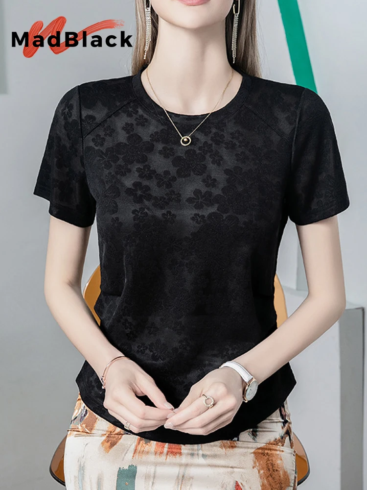 

MadBlack-Women's European T-Shirt, Sexy O Neck Jacquard Lace, Retro Short Sleeve Loose S-3XL Tee, 2026 Spring Summer T61615CC
