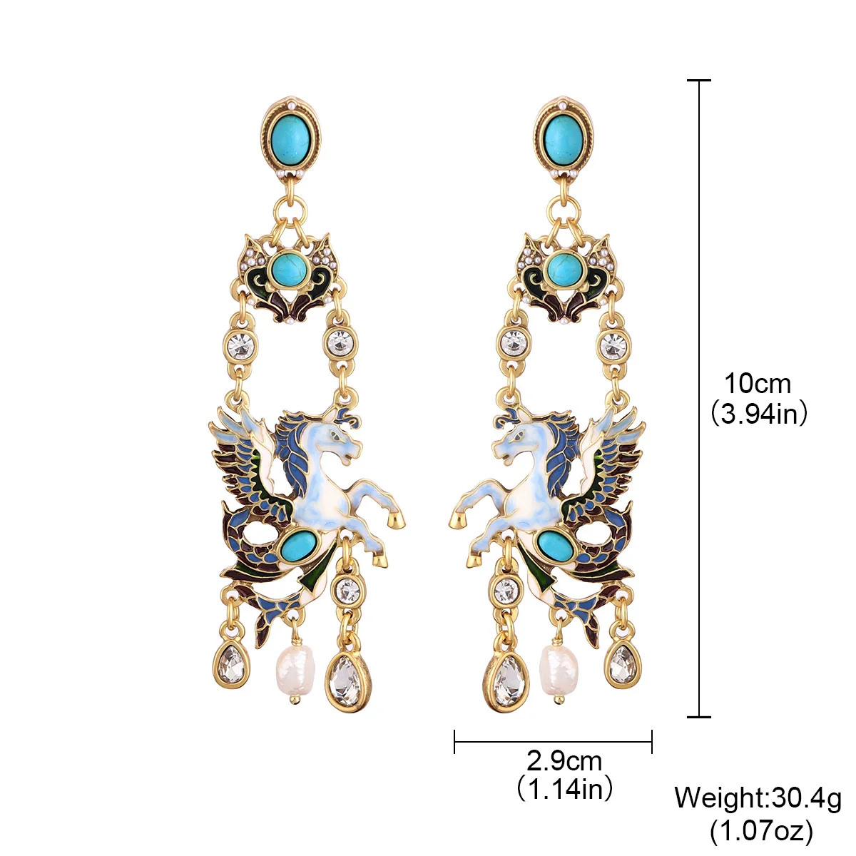 أقراط متدلية كلاسيكية من المينا بيغاسوس للنساء - نمط عرقي 18 قيراط مطلية بالذهب حجر الفيروز أقراط متدلية مجوهرات الحفلات