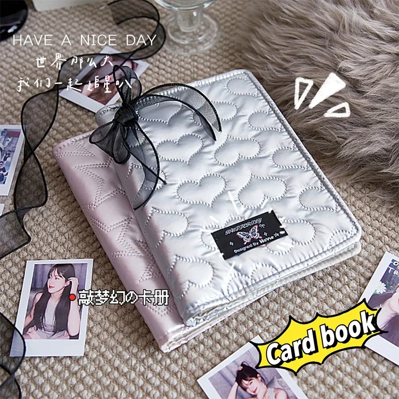 Y2K American Retro Silver Star Heart Bubble Cloth Cover Card Album Cute Girl Kpop 3-inch Photo Card Collect Book 80pcs Card Slot