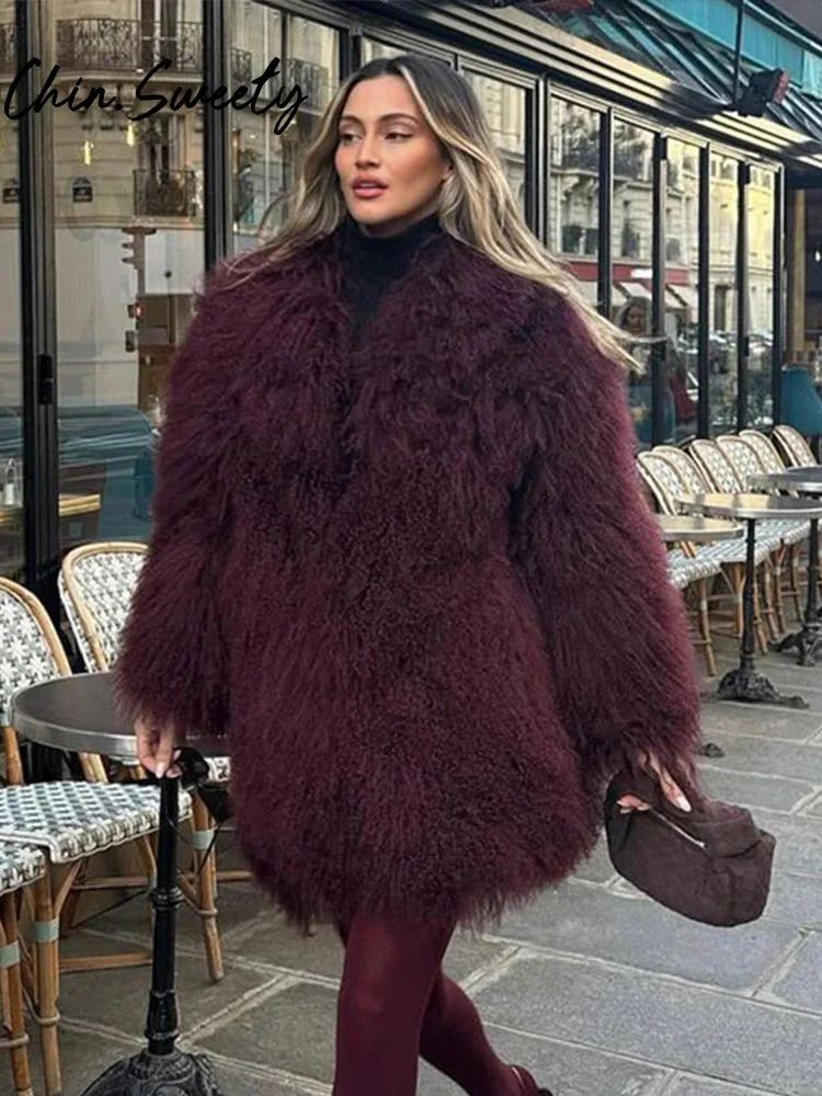 Burgundy Luxury Women Faux Fur Coat Casual Lapel Full Sleeve Female Plush Overcoat 2024 Autumn Winter Lady Chic Streetwear