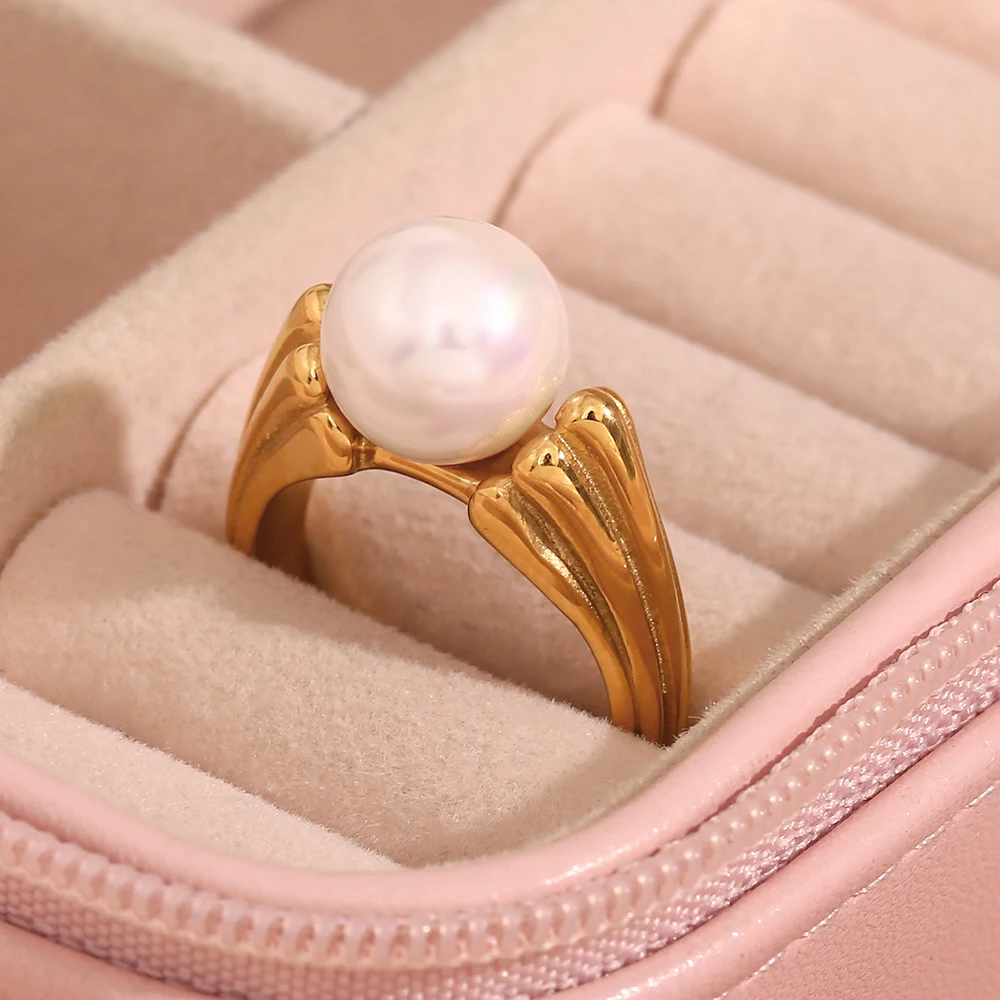 E.B.belle Casting Water Wave Texture Round Pearl Finger Rings For Woman Waterproof Steel Made Gold Color Index Ring Jewelry