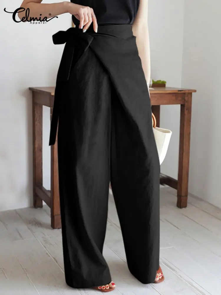 2023 Women\'s Pants Linen Wide-leg Long Trousers High Waist Pant Celmia Vintage Cotton Casual Office Lady Elegant Solid Pantalon