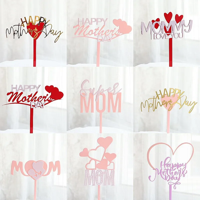 lOVE Mom Mother's Day Party Acrylic Cake Toppers Pink Red Best Mum Cake Topper for Mommy Birthday Party Cake Decorations Gift