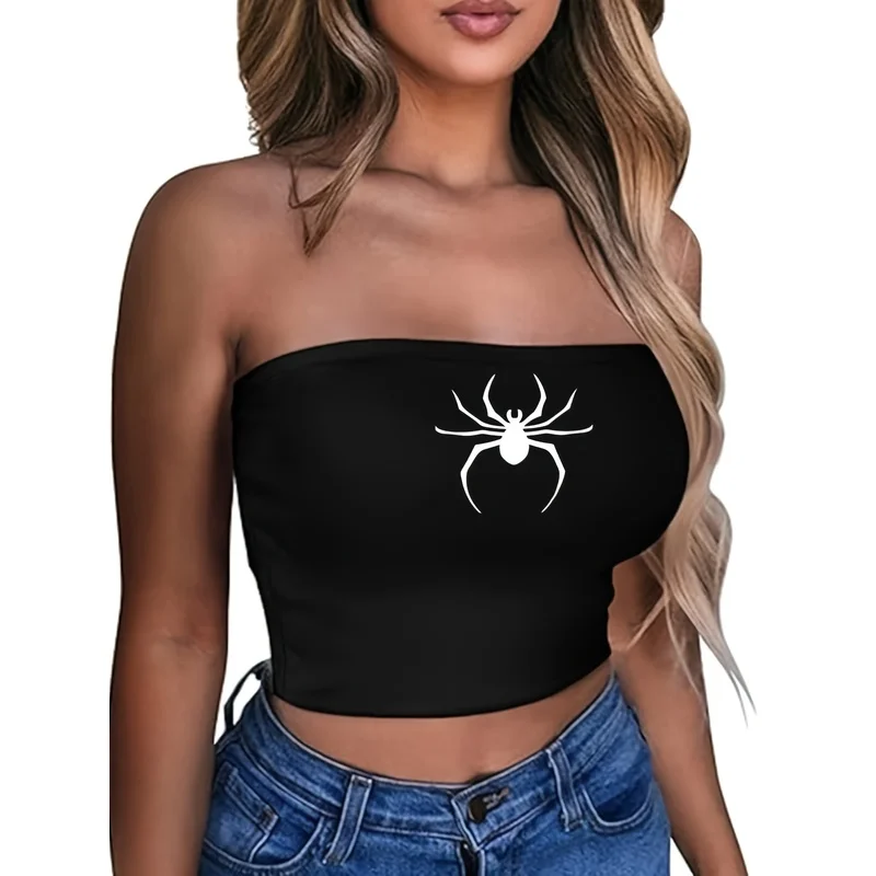 White Spider Silhouette Print Tube Top Women Y2K Goth Strapless Black Cropped Bandeau Top
