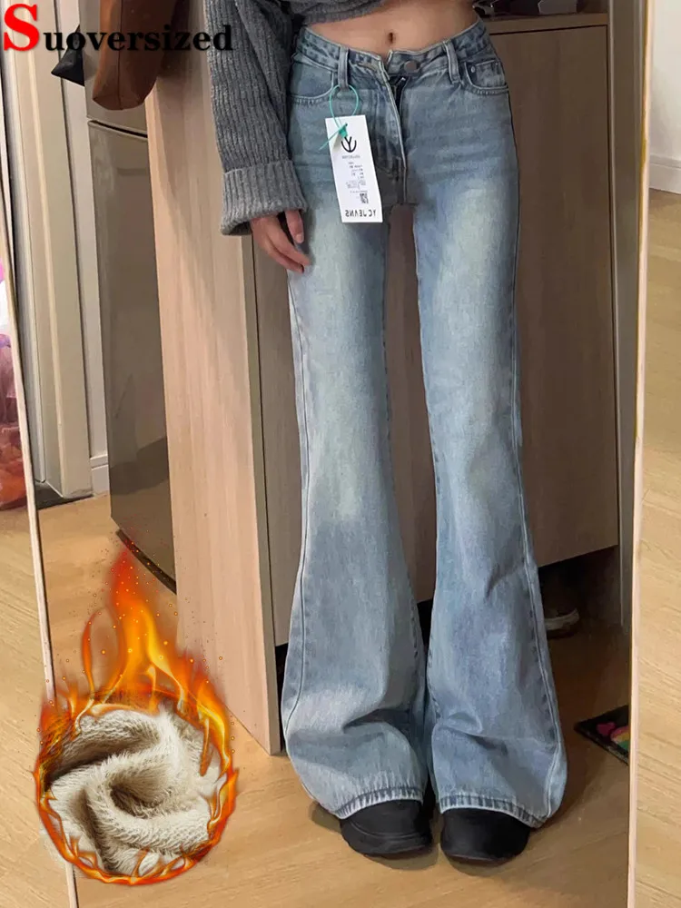 

Korea Thicken Velvet Lined Baggy Flare Jeans Winter Warm Casual Pantalones High Waist Spodnie Elegant Vintage Women Denim Pants