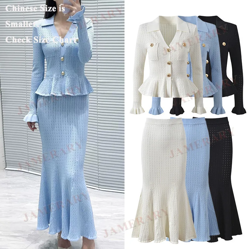 

Autumn Knitting Sweater Dress Two Piece Set Women V Neck Long Sleeve Cardigans Midi Fishtail Long Skirts Suits 2pcs Outfits