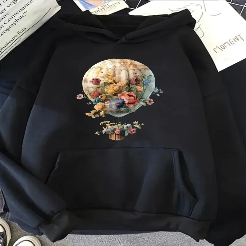 

Womens Soft Floral Hoodie Hot Air Balloon Print Casual Pullover Kangaroo Pocket Autumn Winter Season Streetwear Machine Washable