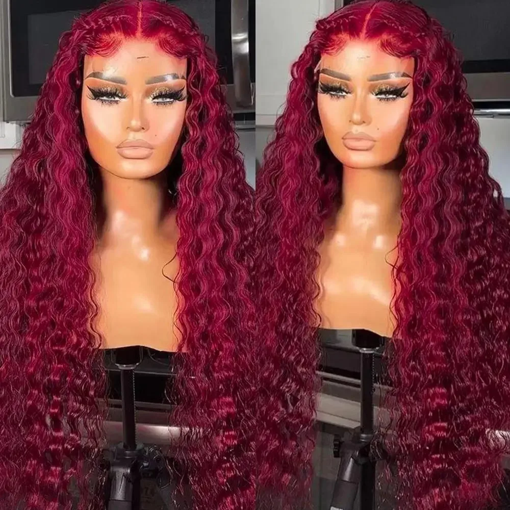 13x4 Lace Front Human Hair 200 density 30 40 Inch Curly 99j burgundy Deep Wave 13x5 Lace Frontal Wig Brazilian For Black Women