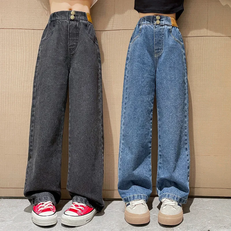 

Широкие джинсы с высокой талией для девочек, уличная одежда для подростков, джинсовые брюки, черные повседневные детские модные брюки для детей 5–14 лет