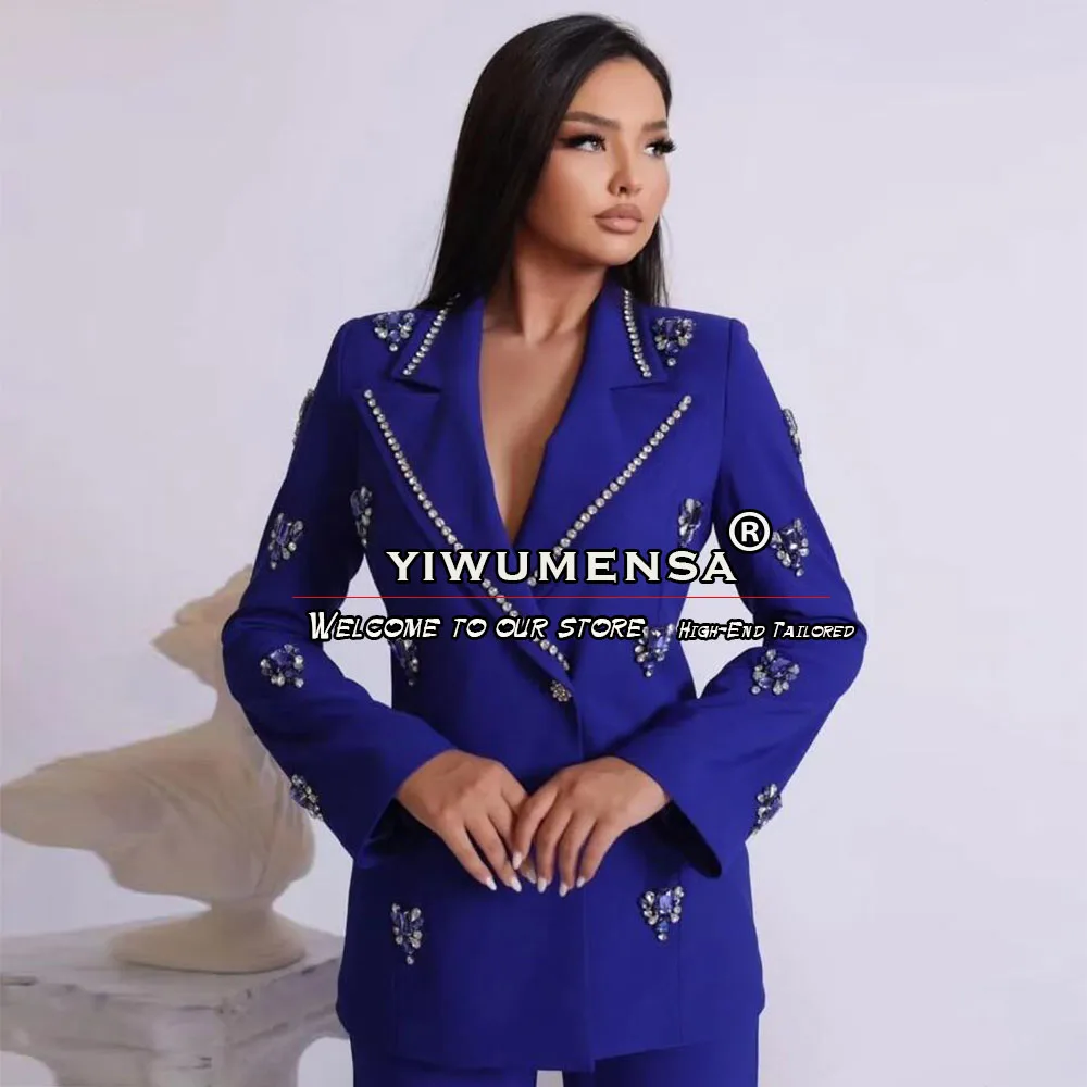 Contas de cristal feminino entalhado lapela terno, blazer personalizado com calças, designer, luxo, vestido de escritório feminino, azul, 2 peças