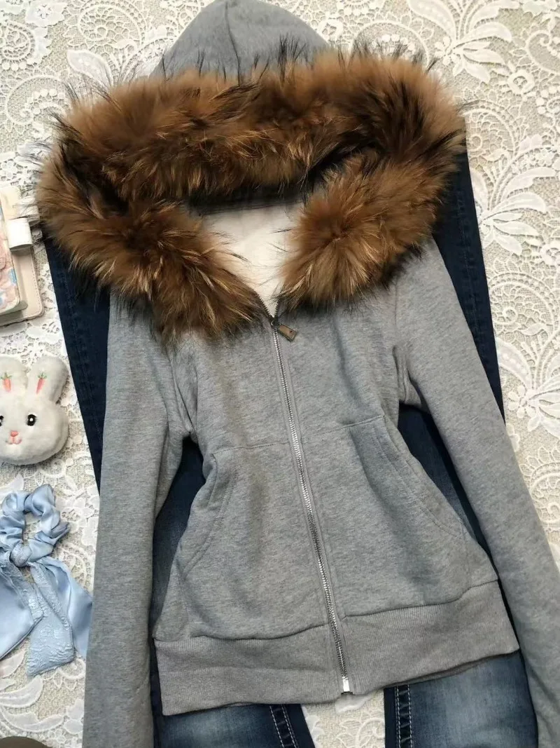 Y2k-Sudadera con capucha para Mujer, ropa de calle Vintage americana, chaquetas de otoño e invierno, Sudadera con capucha gris con cremallera, Sudadera para Mujer
