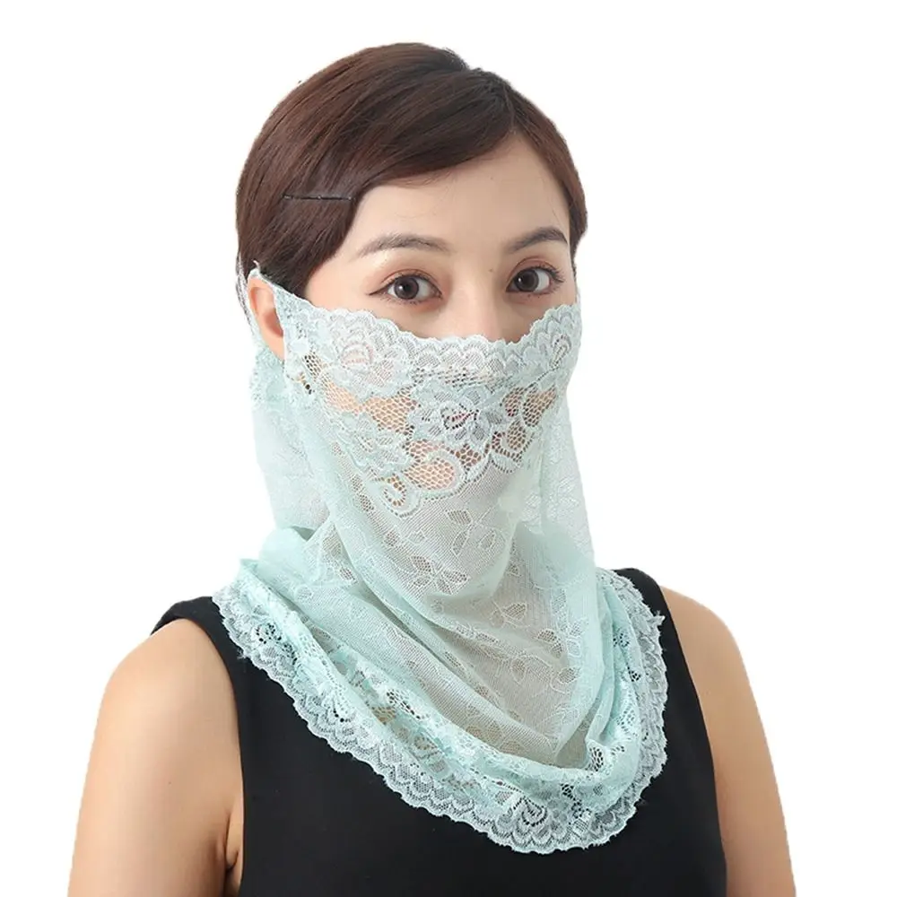 Face Shield บางผ้าพันคอขี่จักรยานกลางแจ้งสําหรับผู้หญิงแขวนหูกีฬาสีทึบหน้ากากลูกไม้หน้าปกผ้าพันคอคอผ้าพันคอใบหน้า