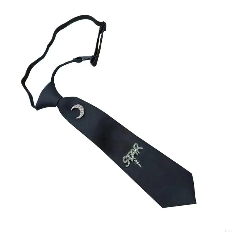 LXAD Student Black Necktie with Tassels Metal Moon Bowknot Charm Aesthetic Punk Preppy Uniform Pre Tied Neck Tie Neckwear