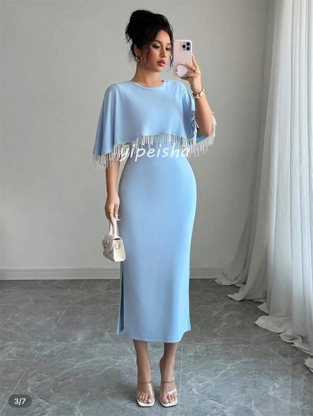 Abiti da cerimonia su misura con scollo rotondo dritto in jersey di moda stile moderno personalizzato con nappe e pieghe, abiti da cerimonia su misura abbinati