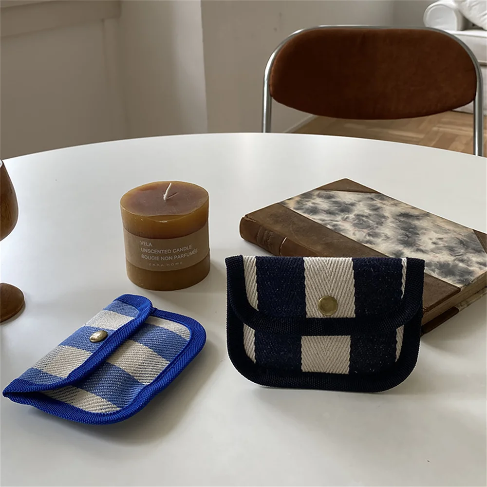 Striped Plaid Canvas Card Holder Portable Hasp Coin Purse ID Credit Card Bags Cover Multifunctional Headphone Key Storage Bags