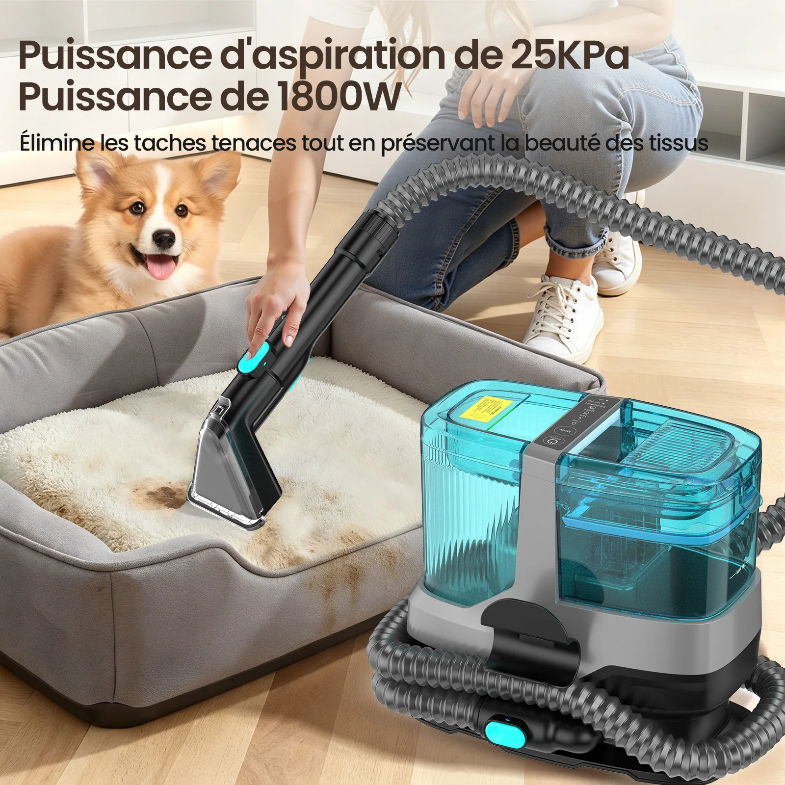Nettoyeur de tissus, 1800W 25KPa, nettoyage puissant des taches, machine à tête interchangeable, forte aspiration, portable, pour tapis, meubles, tissus, voitures, poils d’animaux