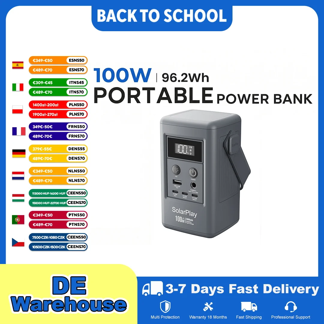 SOLARPLAY Q100 25000mAh Tragbare Powerstation 96.2Wh Li-Ion-Akku 100W Tragbare Energiebank mit USB-Ausgang, für Camping, Zuhause, Wohnmobil,Aufladen von Mobiltelefonen und Computern, Reiten im Freien
