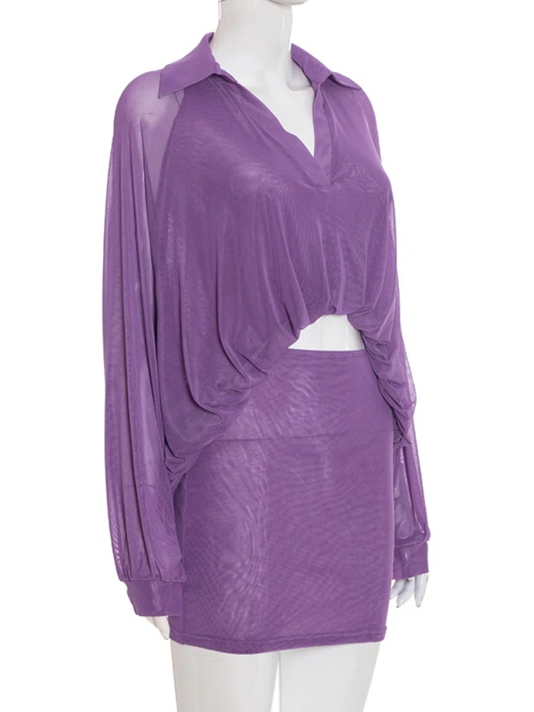 SsTss المرأة الصلبة 2 قطعة مجموعة فريدة من نوعها سوينغ مطوي هيم كم طويل غير المتكافئة هيم بلوزة فضفاضة وتنورة قلم رصاص صغيرة الدعاوى #3