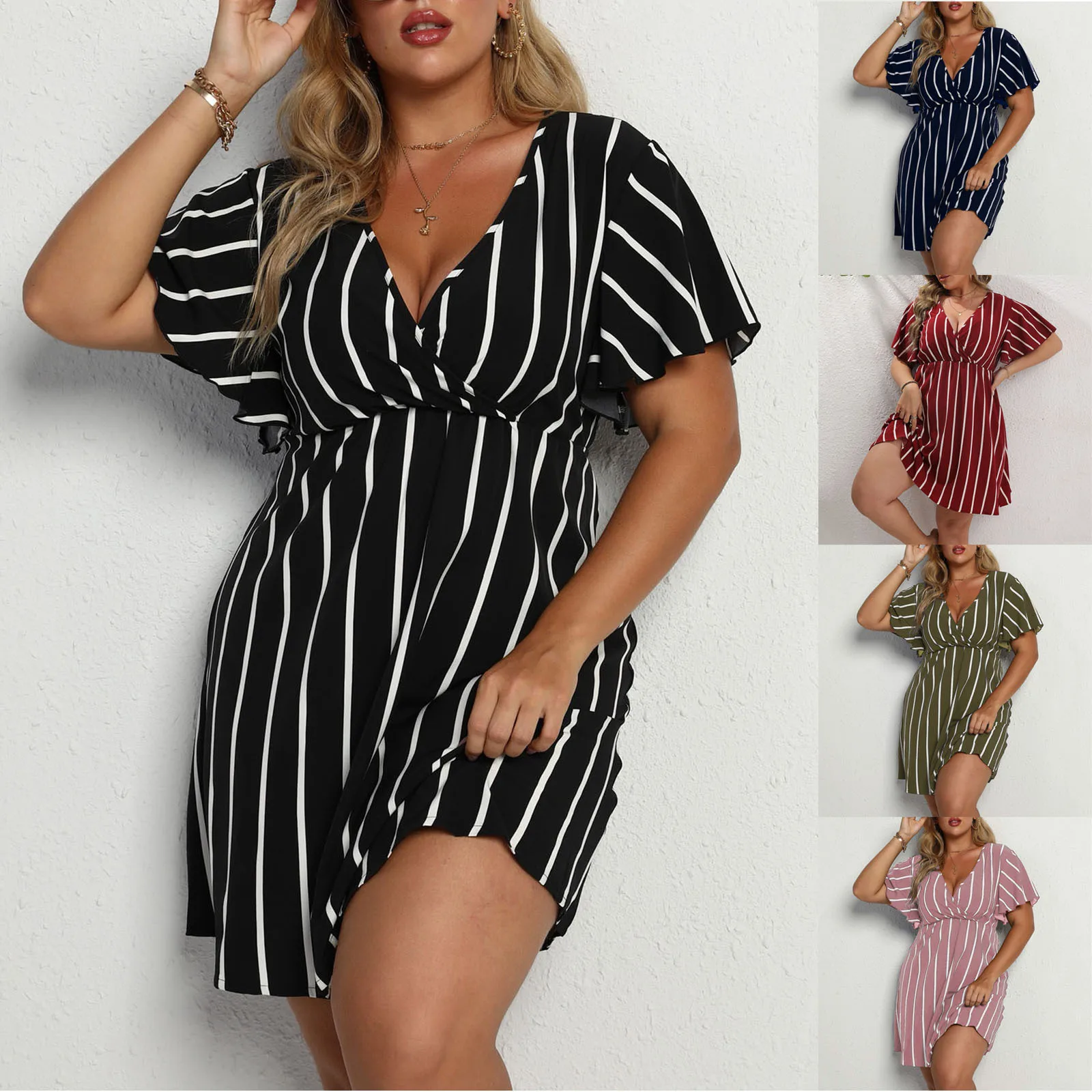 4XL 2024 summer Plus-size Striped V-neck Sexy Short-sleeved Waisted Casual Boho Dresses Women Clothing Mini Dress Streetwear 3XL