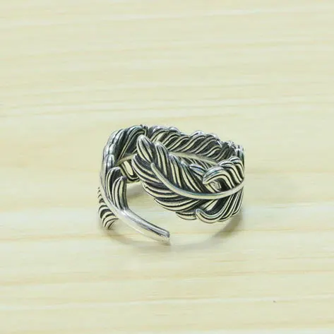 Handsome Sterling Silver Feather Ring Men's Vintage Fashion Versatile Style Fashion Food Ring Single Ring Index Finger