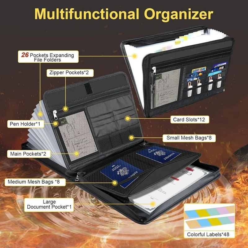 File Folder, Large Capacity A4 Fireproof File Folder with Handle, Waterproof Foldable Accordion Document Storage Bag-VVBC