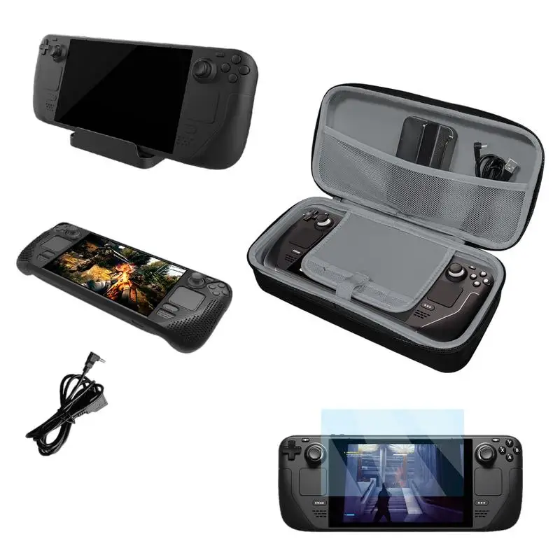 Game Console 5-In-1 Set With Silicone Sleeve Tempered Protective Film Host Bracket Charging Cable Storage Bag Case With Card