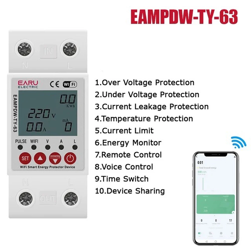 230V 2P 63A Tuya WiFi Smart Energy Meter Power kWh Meter Earth Leakage Over Under Voltage Protector Relay Device Switch Breaker