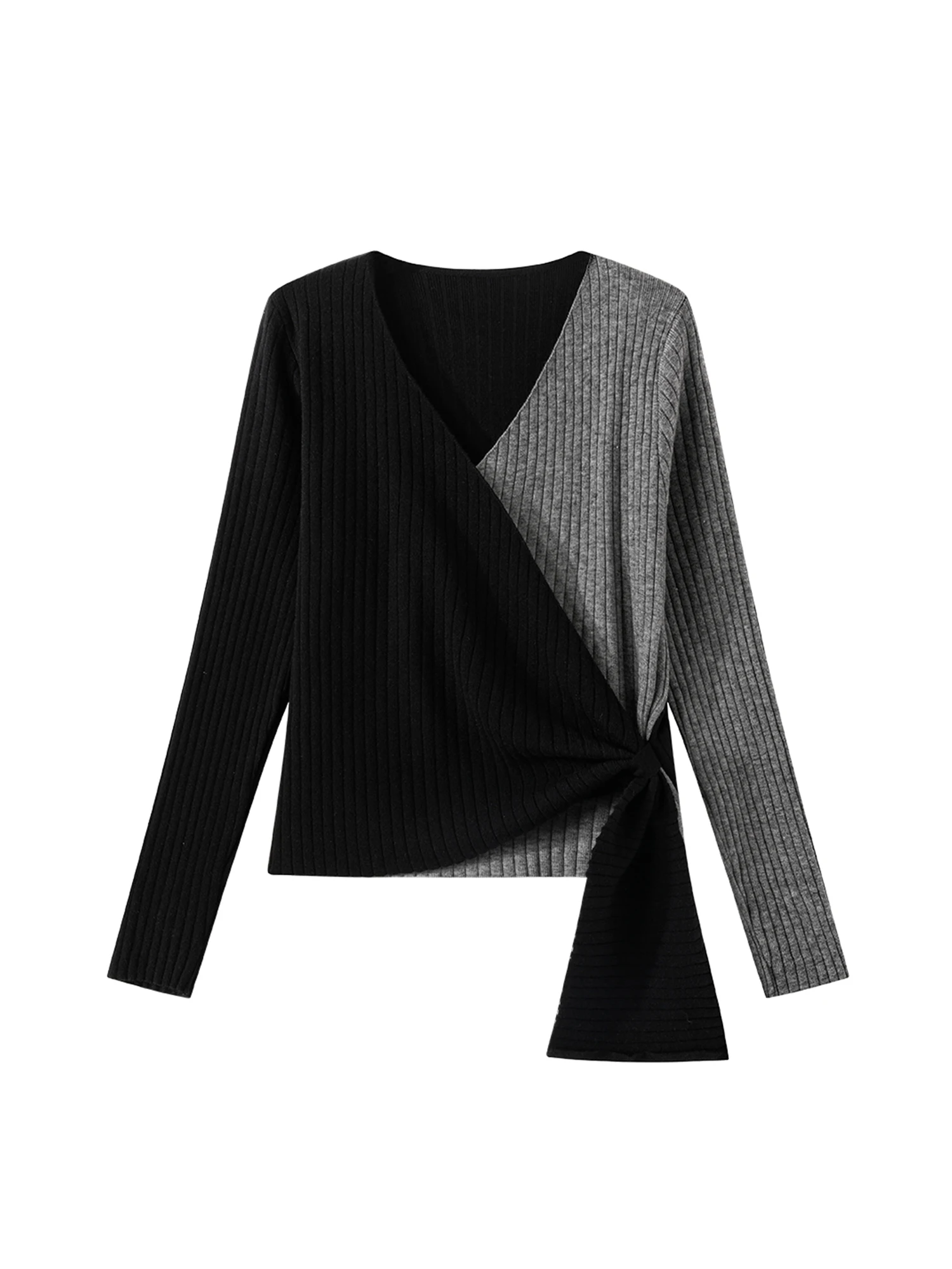 

Women's Grey Patchwork Knit Pullover Sweater 2000s Vintage Korean Style Lace-up Long Sleeves Cozy Cashmere Sweater Clothes 2025