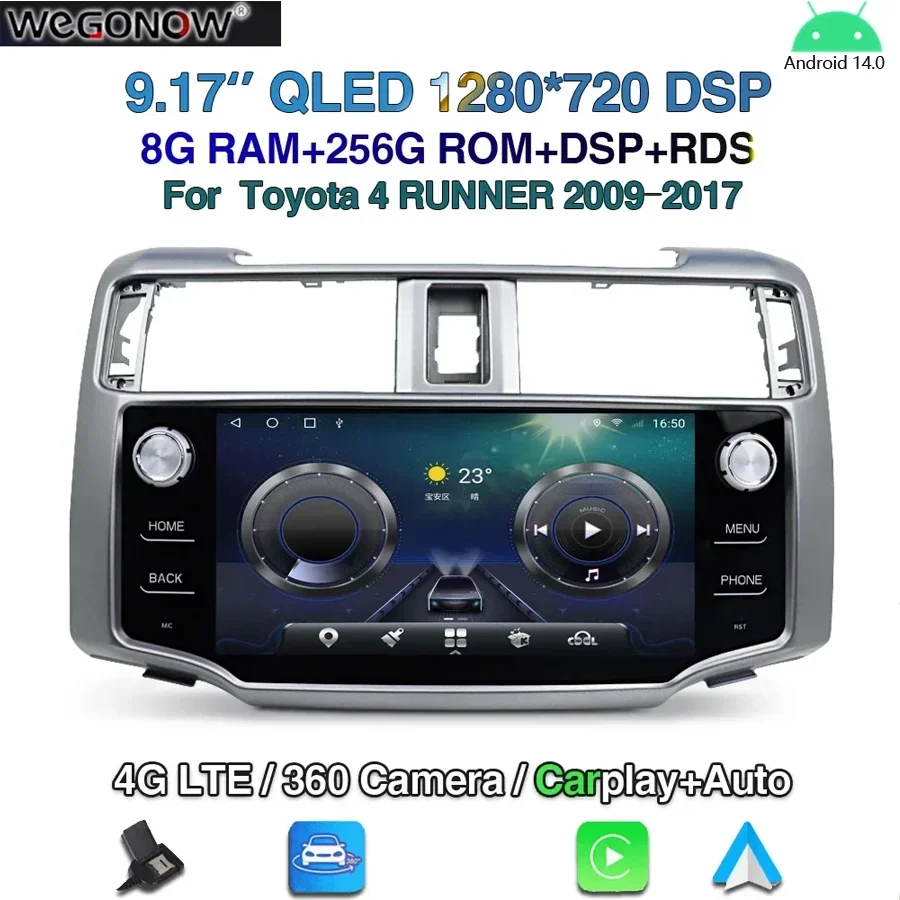 

Для Toyota 4runner 2009-2017 360 камера Carplay 8 ГБ + 256 ГБ 4G LTE 9,17 ''Android 14,0 автомобильный DVD-плеер GPS WIFI BT5.0 RDS радио