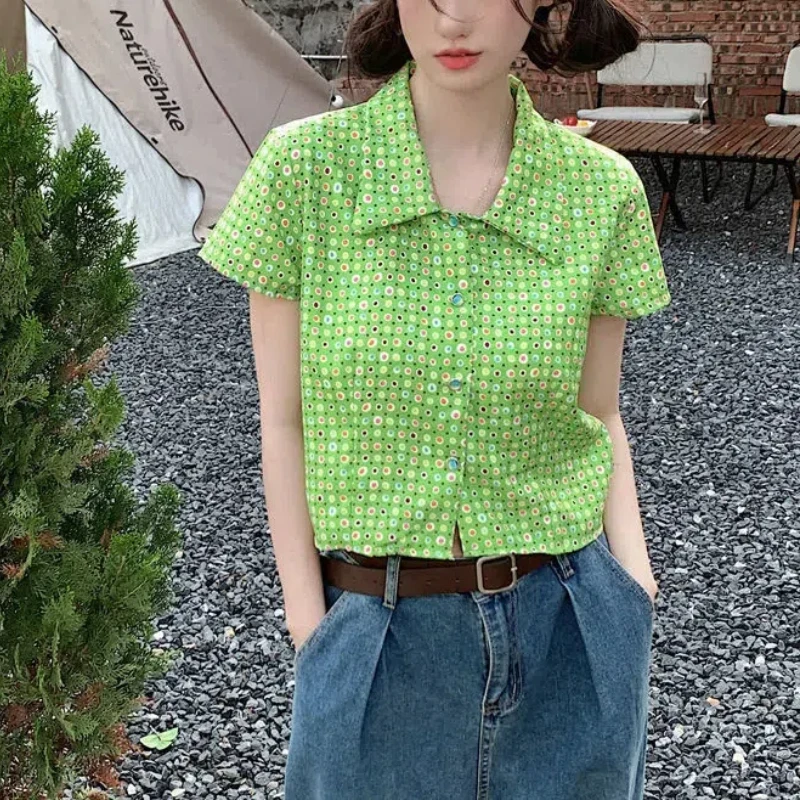 Harajuku Women's Summer Suit Turn-down Collar Fashion Polka-dot Contrast Color Colorful Young Style Comfortable Clothes Shirt