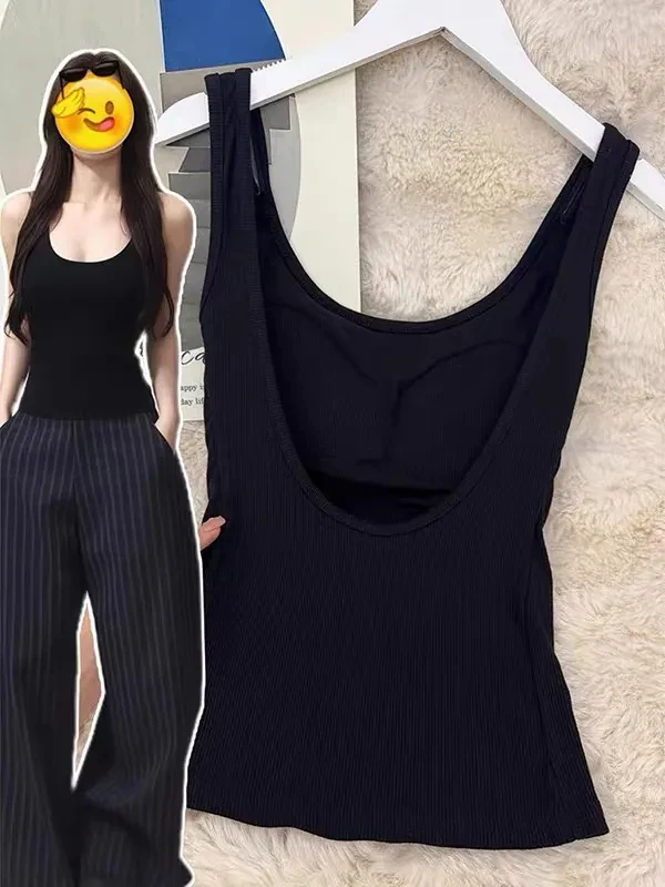Black Backless Vest Women's Slim Fit Top with Chest Pad American Sweet And Spicy Style Design Summer Casual Wear
