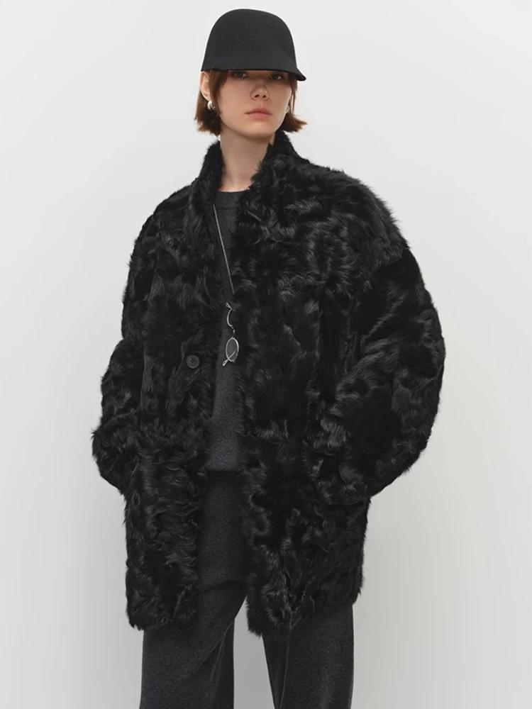 الراقية الفاخرة فرو الضأن الطبيعي شيرلينغ الستر للنساء بسيطة الوقوف طوق منتصف طول الشتاء جلد طبيعي معطف الفرو الحقيقي #4