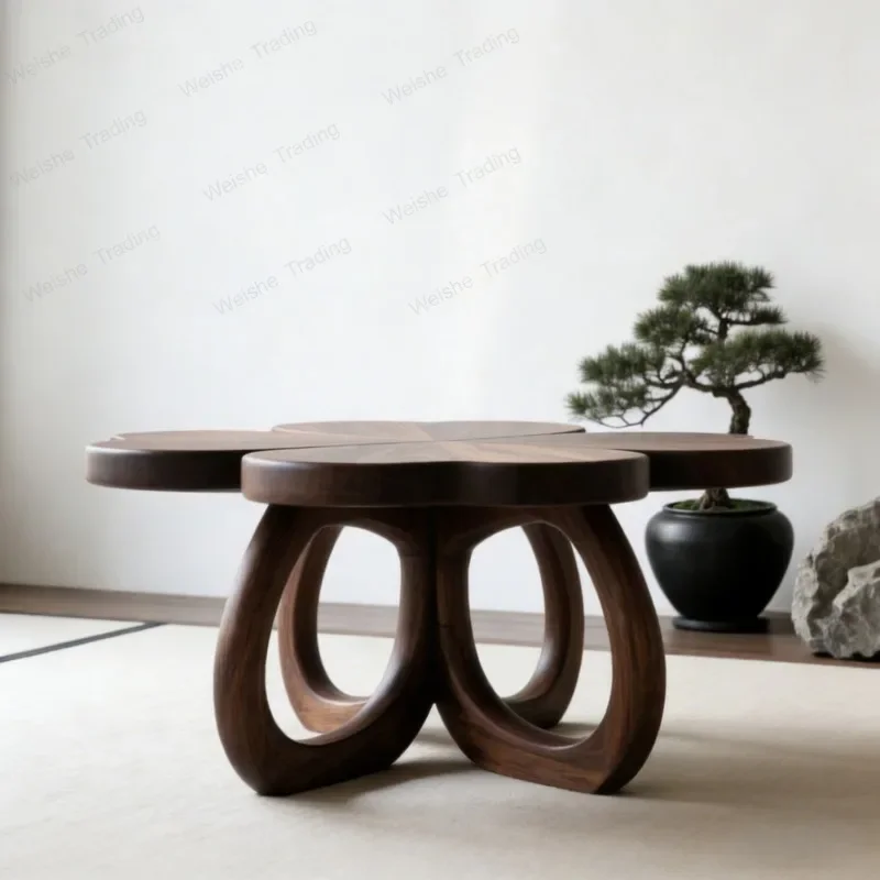 special-shaped creative solid wood storage living room furniture zen New Chinese four-leaf clover black walnut coffee table