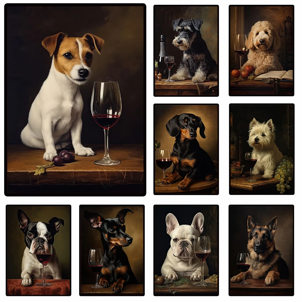 Classic Oil Print Dog Portrait Posters Vintage Dachshund French Bulldog Schnauzer Wine Tasting Wall Canvas Painting Home Decor