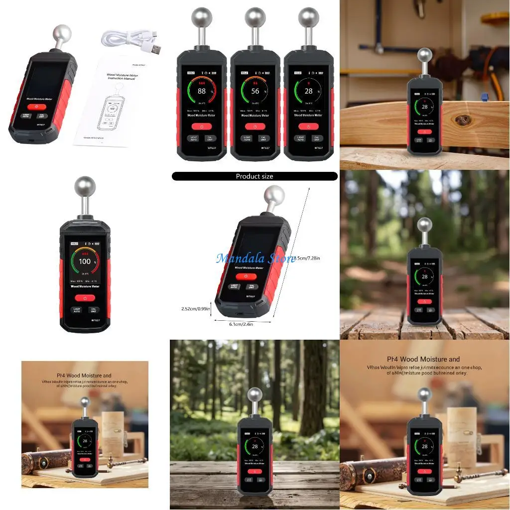 

U2JC Digital Moisture Tester Tool With Ball Probe For Building Materials 5-40mm Detection Rechargeable Temperature Monitoring