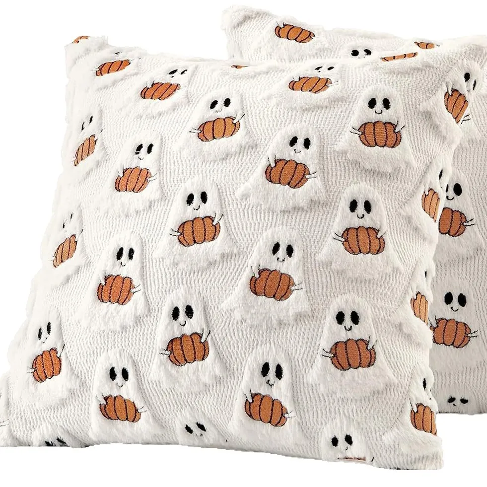 Ghost Pumpkin Plush Faux Fur Pillow Covers 18x18 Inch Soft Halloween Decor for Sofa Couch Bed Living Room, White Bright Orange - view 4