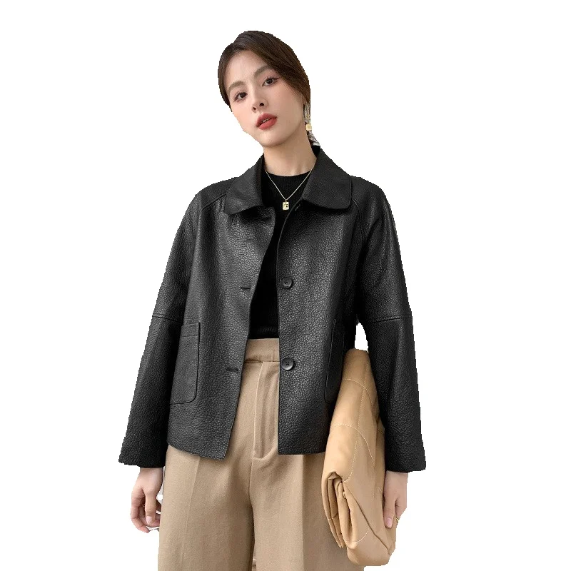 Genuine Leather Lychee Grain Sheep Leather Spring New A-Line Wide Version Women's Short Casual Leather Jacket