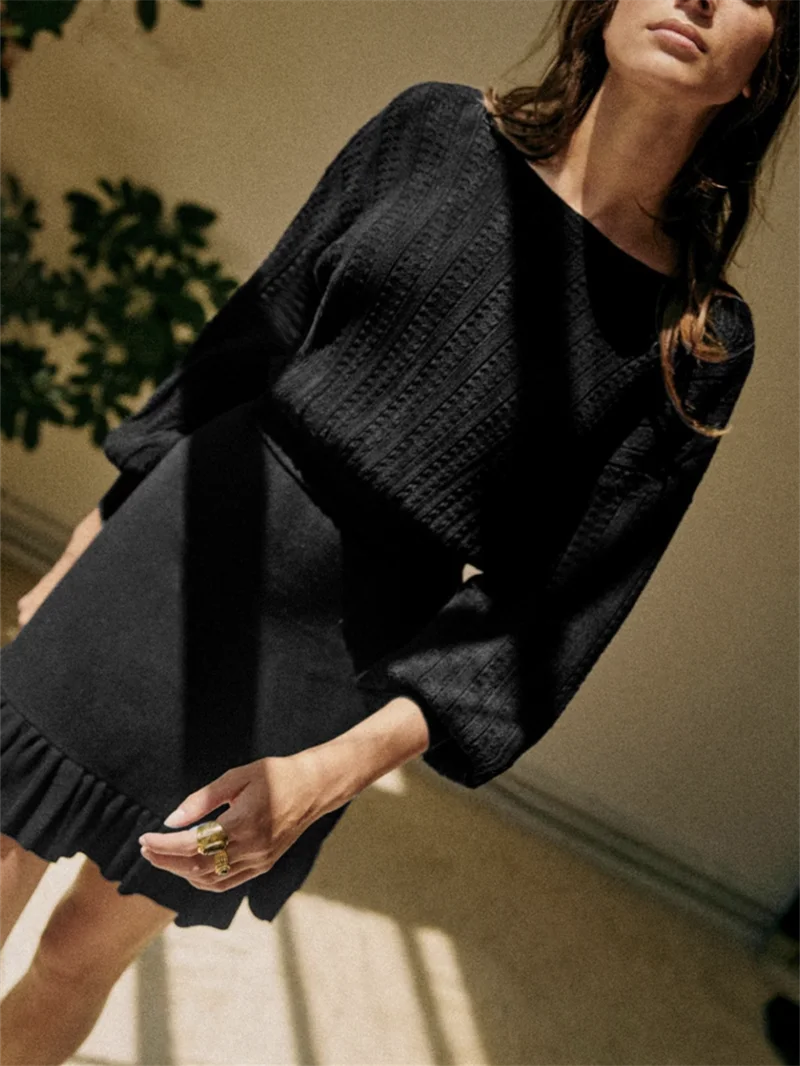 Threaded Jacquard Stitching Women\'s Knitted Dress A-Line Two-Sided Wear V-Neck Lantern Sleeve Female Slim Ruffled Short Robe